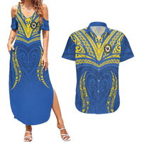 Custom Oceania Football Solomon Kings Couples Matching Summer Maxi Dress and Hawaiian Shirt Polynesian Tribal Pattern LT9 Blue - Polynesian Pride