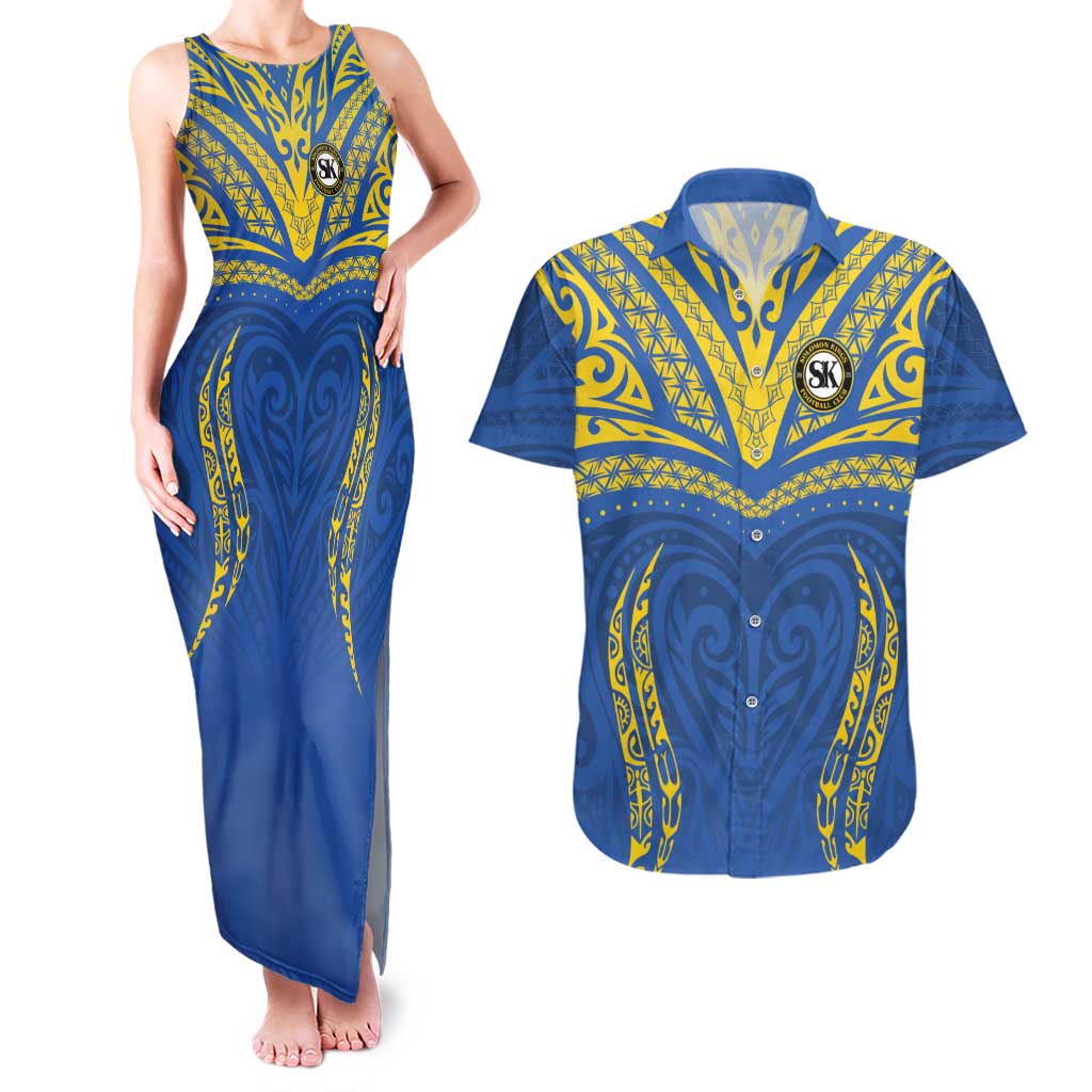 Custom Oceania Football Solomon Kings Couples Matching Tank Maxi Dress and Hawaiian Shirt Polynesian Tribal Pattern LT9 Blue - Polynesian Pride