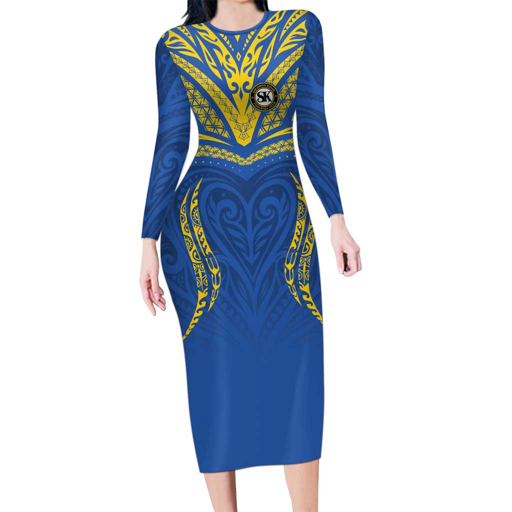 Custom Oceania Football Solomon Kings Family Matching Long Sleeve Bodycon Dress and Hawaiian Shirt Polynesian Tribal Pattern LT9 Mom's Dress Blue - Polynesian Pride