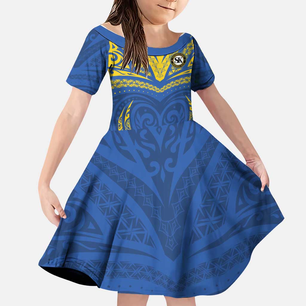 Custom Oceania Football Solomon Kings Family Matching Off The Shoulder Long Sleeve Dress and Hawaiian Shirt Polynesian Tribal Pattern LT9 Daughter's Dress Blue - Polynesian Pride