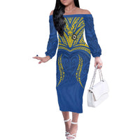 Custom Oceania Football Solomon Kings Family Matching Off The Shoulder Long Sleeve Dress and Hawaiian Shirt Polynesian Tribal Pattern LT9 Mom's Dress Blue - Polynesian Pride
