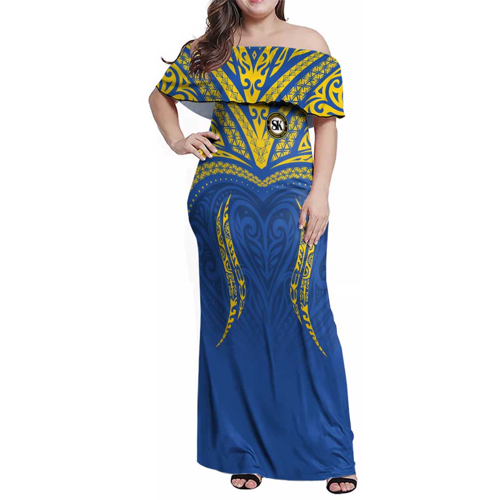 Custom Oceania Football Solomon Kings Family Matching Off Shoulder Maxi Dress and Hawaiian Shirt Polynesian Tribal Pattern LT9 Mom's Dress Blue - Polynesian Pride