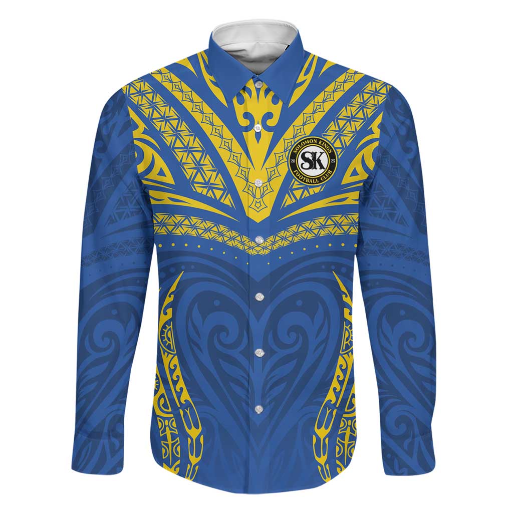 Custom Oceania Football Solomon Kings Family Matching Off Shoulder Short Dress and Hawaiian Shirt Polynesian Tribal Pattern LT9 Dad's Shirt - Long Sleeve Blue - Polynesian Pride