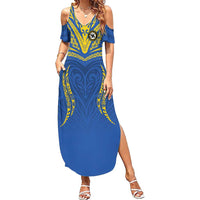Custom Oceania Football Solomon Kings Family Matching Summer Maxi Dress and Hawaiian Shirt Polynesian Tribal Pattern LT9 Mom's Dress Blue - Polynesian Pride