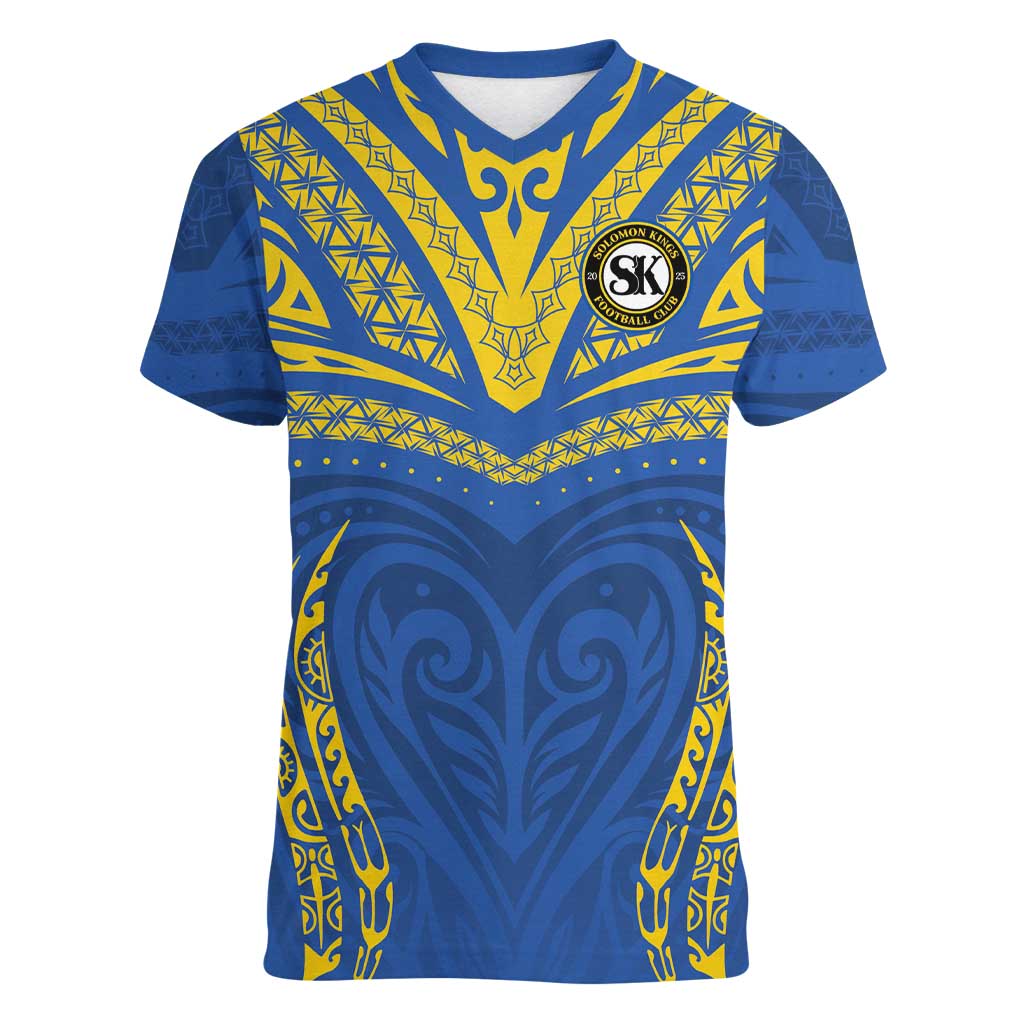 Custom Oceania Football Solomon Kings Women V-Neck T-Shirt Polynesian Tribal Pattern LT9 Female Blue - Polynesian Pride
