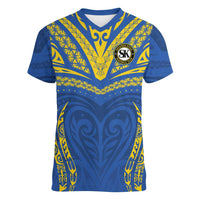 Custom Oceania Football Solomon Kings Women V-Neck T-Shirt Polynesian Tribal Pattern LT9 Female Blue - Polynesian Pride