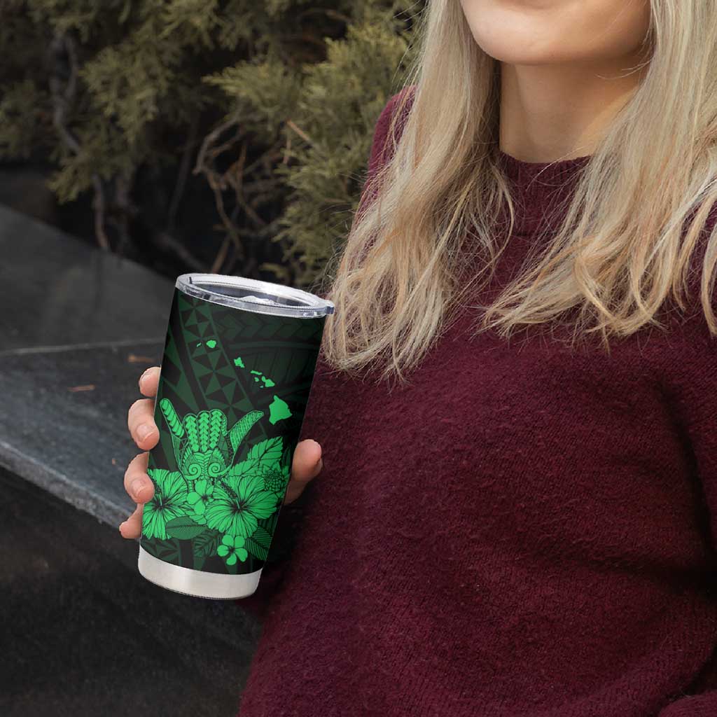Green Hawaiian Hibiscus Shaka Sign Tumbler Cup