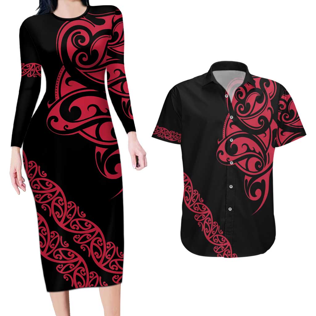 All Black Maori Tribal Tattoo Personalised Couples Matching Long Sleeve Bodycon Dress and Hawaiian Shirt Classic Red Polynesian Style LT9 Red - Polynesian Pride