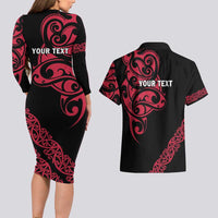 All Black Maori Tribal Tattoo Personalised Couples Matching Long Sleeve Bodycon Dress and Hawaiian Shirt Classic Red Polynesian Style LT9 - Polynesian Pride