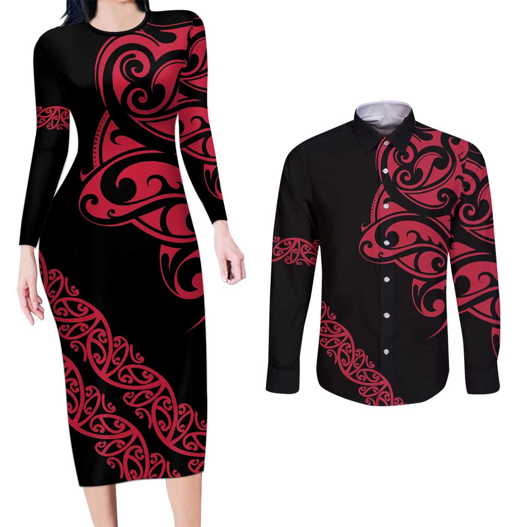 All Black Maori Tribal Tattoo Personalised Couples Matching Long Sleeve Bodycon Dress and Long Sleeve Button Shirt Classic Red Polynesian Style LT9 Red - Polynesian Pride