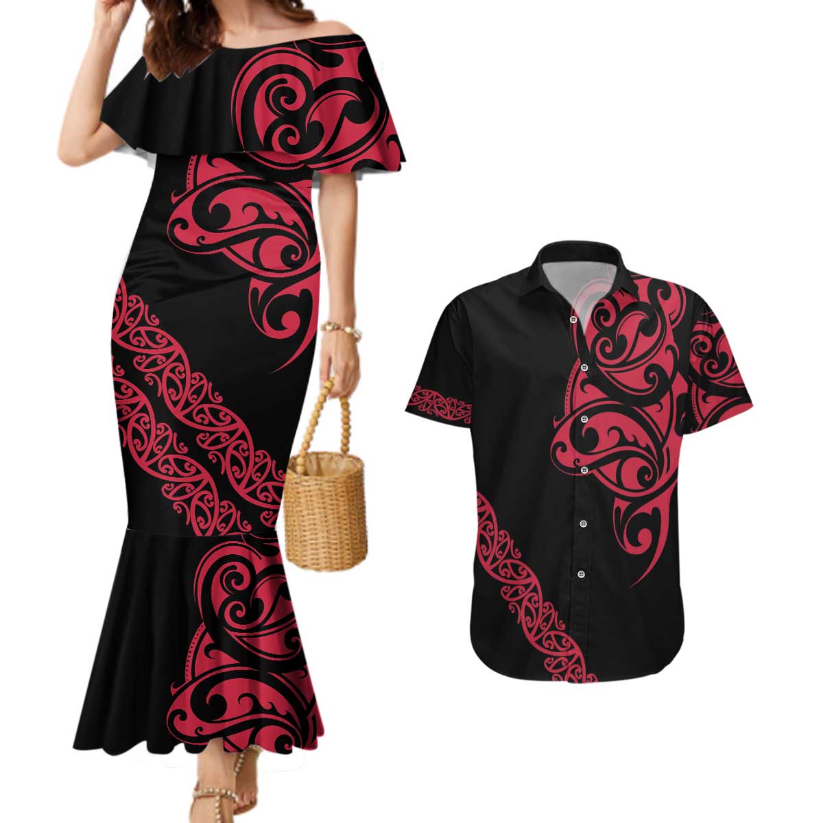 All Black Maori Tribal Tattoo Personalised Couples Matching Mermaid Dress and Hawaiian Shirt Classic Red Polynesian Style LT9 Red - Polynesian Pride