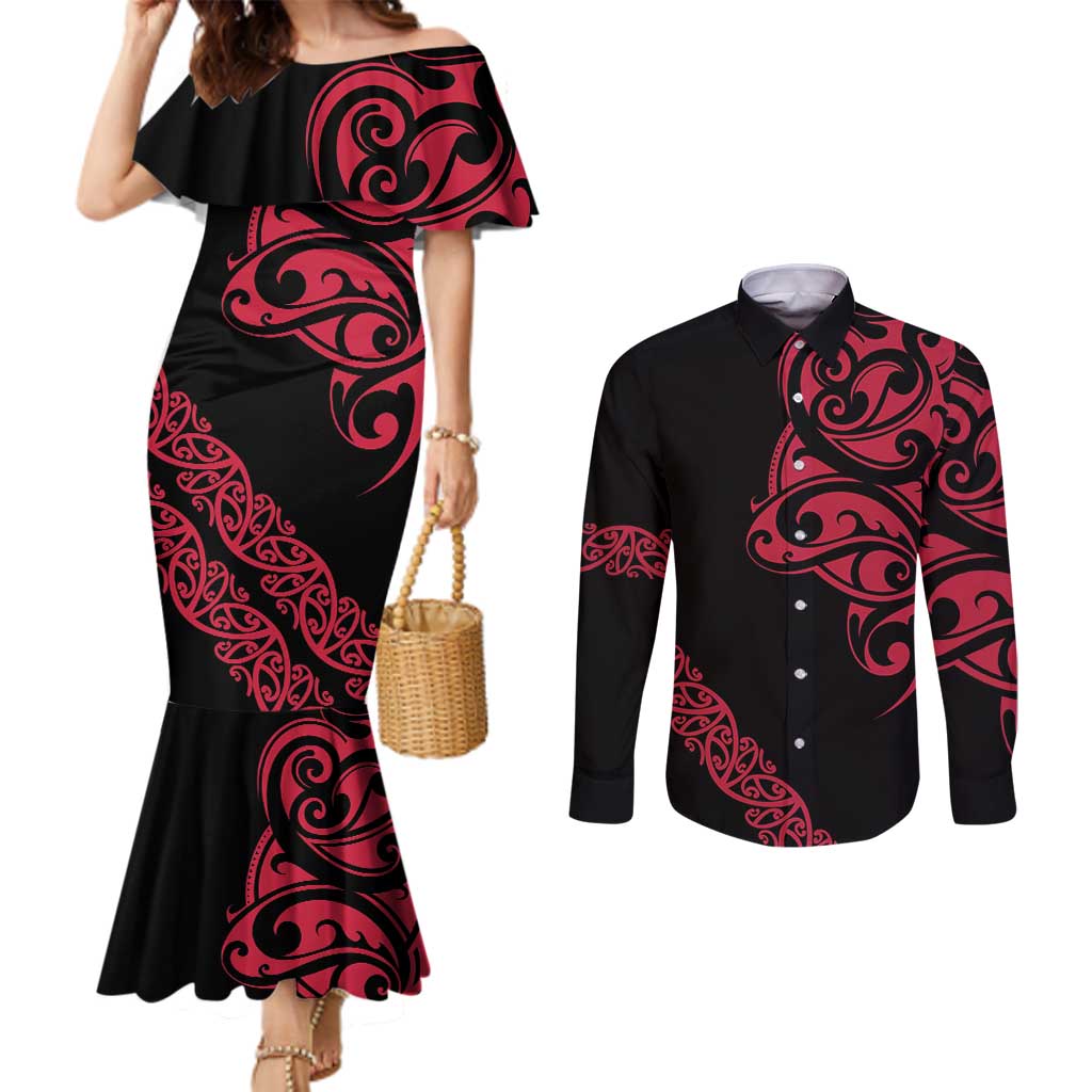 All Black Maori Tribal Tattoo Personalised Couples Matching Mermaid Dress and Long Sleeve Button Shirt Classic Red Polynesian Style LT9 Red - Polynesian Pride