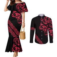 All Black Maori Tribal Tattoo Personalised Couples Matching Mermaid Dress and Long Sleeve Button Shirt Classic Red Polynesian Style LT9 Red - Polynesian Pride