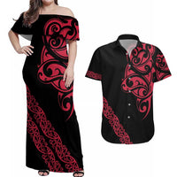 All Black Maori Tribal Tattoo Personalised Couples Matching Off Shoulder Maxi Dress and Hawaiian Shirt Classic Red Polynesian Style LT9 Red - Polynesian Pride