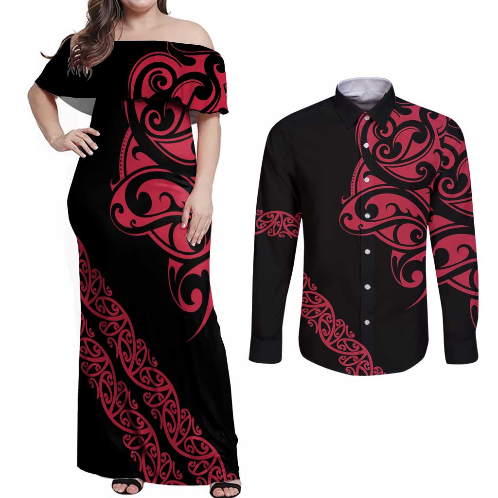All Black Maori Tribal Tattoo Personalised Couples Matching Off Shoulder Maxi Dress and Long Sleeve Button Shirt Classic Red Polynesian Style LT9 Red - Polynesian Pride