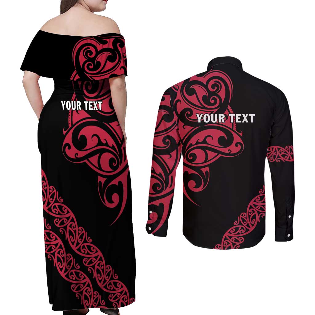 All Black Maori Tribal Tattoo Personalised Couples Matching Off Shoulder Maxi Dress and Long Sleeve Button Shirt Classic Red Polynesian Style LT9 - Polynesian Pride