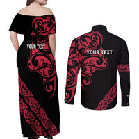 All Black Maori Tribal Tattoo Personalised Couples Matching Off Shoulder Maxi Dress and Long Sleeve Button Shirt Classic Red Polynesian Style LT9 - Polynesian Pride