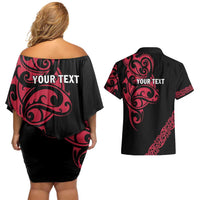 All Black Maori Tribal Tattoo Personalised Couples Matching Off Shoulder Short Dress and Hawaiian Shirt Classic Red Polynesian Style LT9 - Polynesian Pride