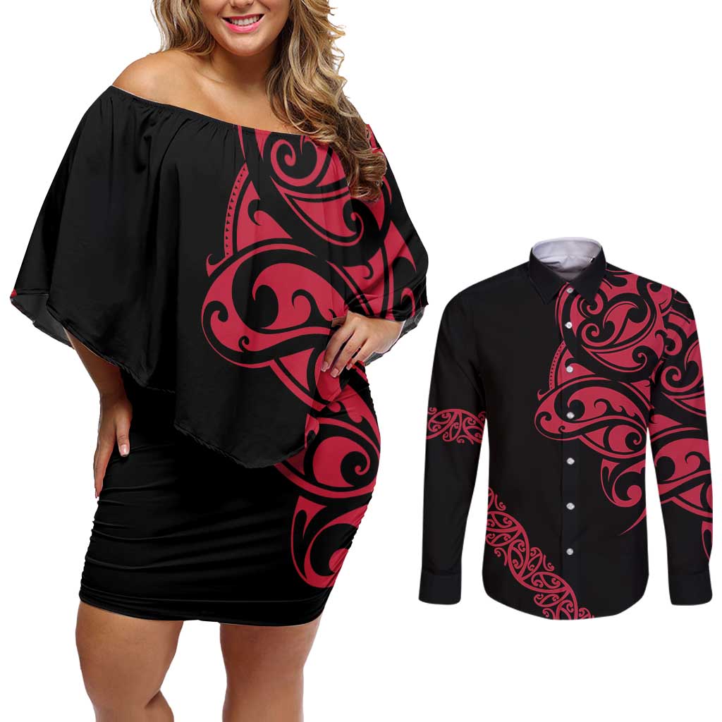 All Black Maori Tribal Tattoo Personalised Couples Matching Off Shoulder Short Dress and Long Sleeve Button Shirt Classic Red Polynesian Style LT9 Red - Polynesian Pride