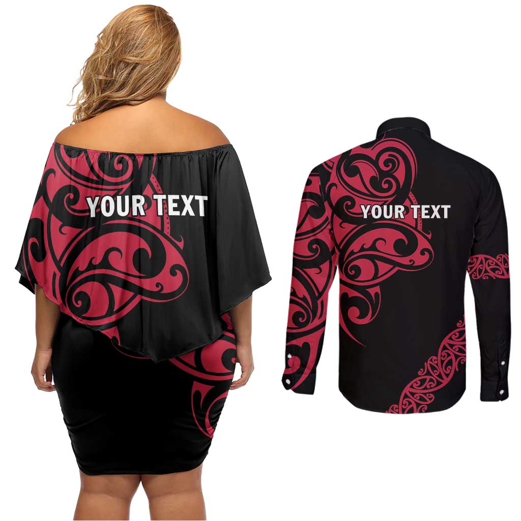 All Black Maori Tribal Tattoo Personalised Couples Matching Off Shoulder Short Dress and Long Sleeve Button Shirt Classic Red Polynesian Style LT9 - Polynesian Pride