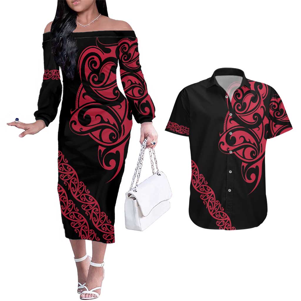 All Black Maori Tribal Tattoo Personalised Couples Matching Off The Shoulder Long Sleeve Dress and Hawaiian Shirt Classic Red Polynesian Style LT9 Red - Polynesian Pride