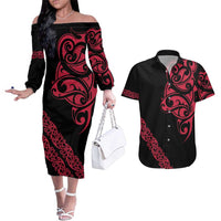 All Black Maori Tribal Tattoo Personalised Couples Matching Off The Shoulder Long Sleeve Dress and Hawaiian Shirt Classic Red Polynesian Style LT9 Red - Polynesian Pride