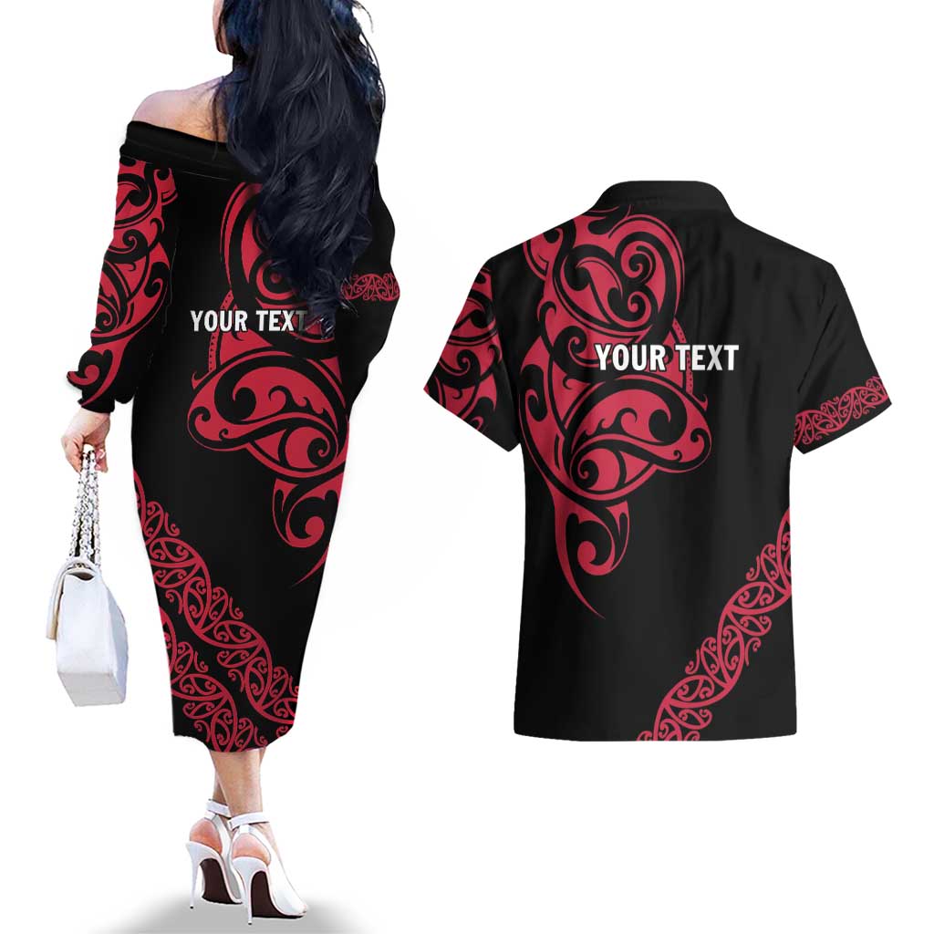 All Black Maori Tribal Tattoo Personalised Couples Matching Off The Shoulder Long Sleeve Dress and Hawaiian Shirt Classic Red Polynesian Style LT9 - Polynesian Pride