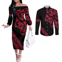 All Black Maori Tribal Tattoo Personalised Couples Matching Off The Shoulder Long Sleeve Dress and Long Sleeve Button Shirt Classic Red Polynesian Style LT9 Red - Polynesian Pride