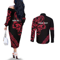 All Black Maori Tribal Tattoo Personalised Couples Matching Off The Shoulder Long Sleeve Dress and Long Sleeve Button Shirt Classic Red Polynesian Style LT9 - Polynesian Pride
