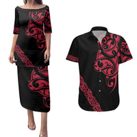 All Black Maori Tribal Tattoo Personalised Couples Matching Puletasi and Hawaiian Shirt Classic Red Polynesian Style LT9 Red - Polynesian Pride