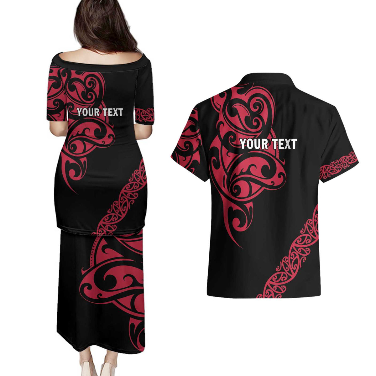 All Black Maori Tribal Tattoo Personalised Couples Matching Puletasi and Hawaiian Shirt Classic Red Polynesian Style LT9 - Polynesian Pride