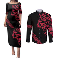 All Black Maori Tribal Tattoo Personalised Couples Matching Puletasi and Long Sleeve Button Shirt Classic Red Polynesian Style LT9 Red - Polynesian Pride
