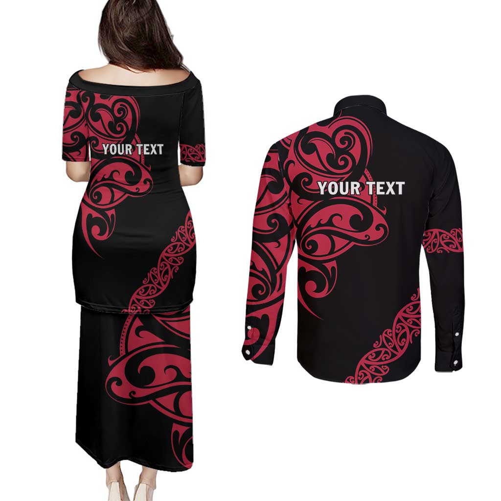 All Black Maori Tribal Tattoo Personalised Couples Matching Puletasi and Long Sleeve Button Shirt Classic Red Polynesian Style LT9 - Polynesian Pride