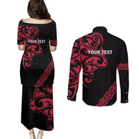 All Black Maori Tribal Tattoo Personalised Couples Matching Puletasi and Long Sleeve Button Shirt Classic Red Polynesian Style LT9 - Polynesian Pride