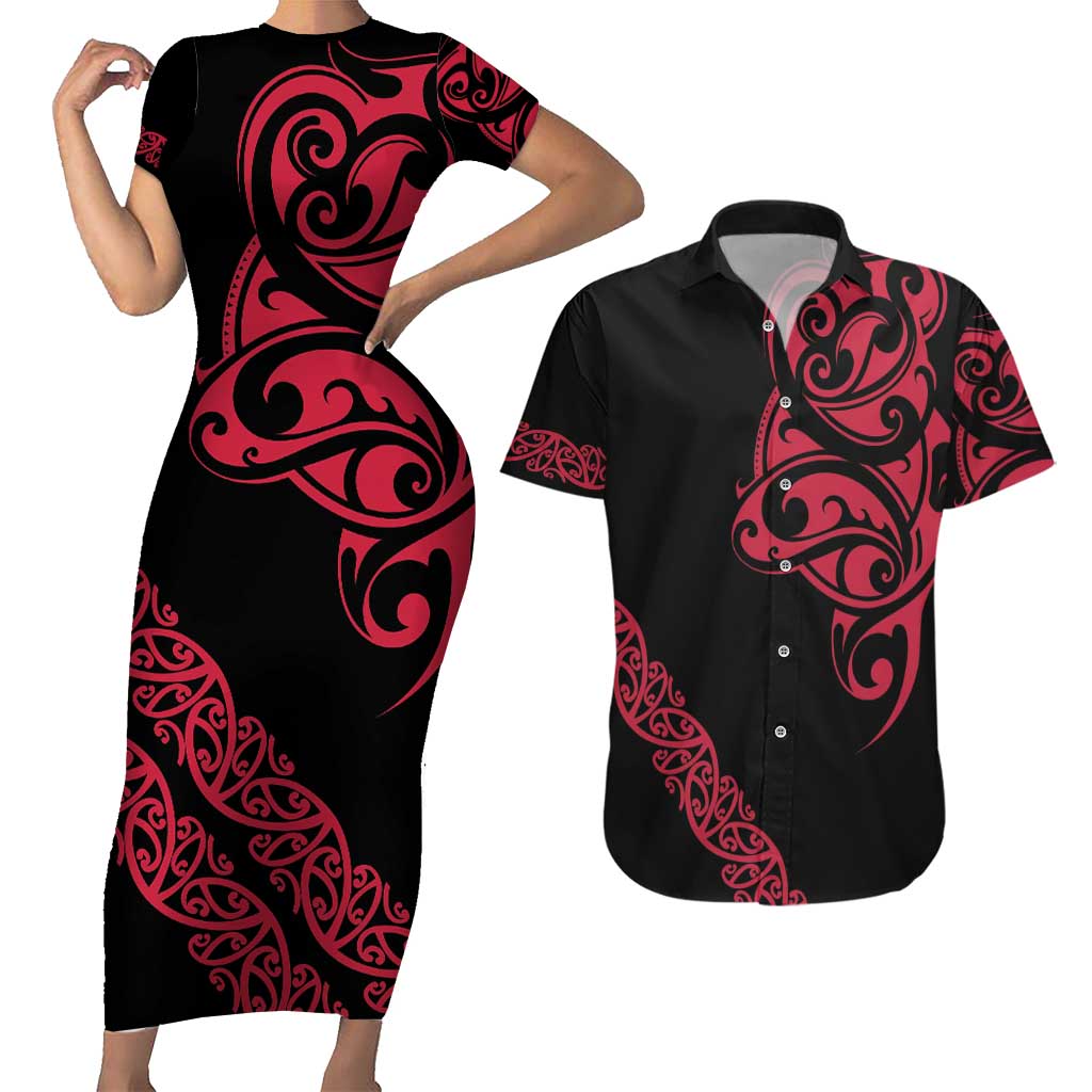 All Black Maori Tribal Tattoo Personalised Couples Matching Short Sleeve Bodycon Dress and Hawaiian Shirt Classic Red Polynesian Style LT9 Red - Polynesian Pride