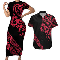 All Black Maori Tribal Tattoo Personalised Couples Matching Short Sleeve Bodycon Dress and Hawaiian Shirt Classic Red Polynesian Style LT9 Red - Polynesian Pride