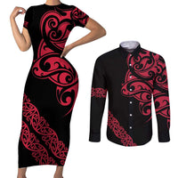 All Black Maori Tribal Tattoo Personalised Couples Matching Short Sleeve Bodycon Dress and Long Sleeve Button Shirt Classic Red Polynesian Style LT9 Red - Polynesian Pride