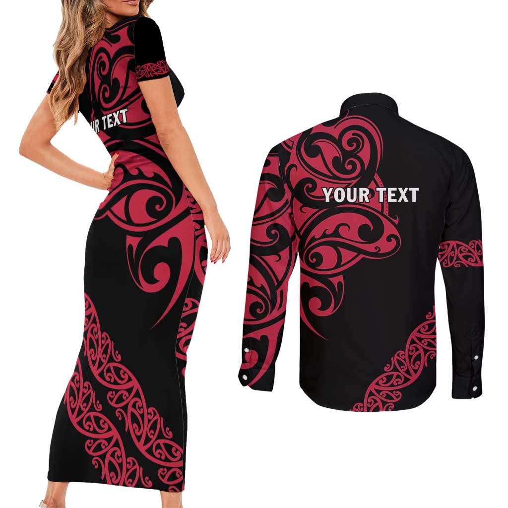All Black Maori Tribal Tattoo Personalised Couples Matching Short Sleeve Bodycon Dress and Long Sleeve Button Shirt Classic Red Polynesian Style LT9 - Polynesian Pride