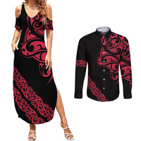 All Black Maori Tribal Tattoo Personalised Couples Matching Summer Maxi Dress and Long Sleeve Button Shirt Classic Red Polynesian Style LT9 Red - Polynesian Pride