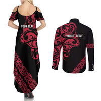 All Black Maori Tribal Tattoo Personalised Couples Matching Summer Maxi Dress and Long Sleeve Button Shirt Classic Red Polynesian Style LT9 - Polynesian Pride