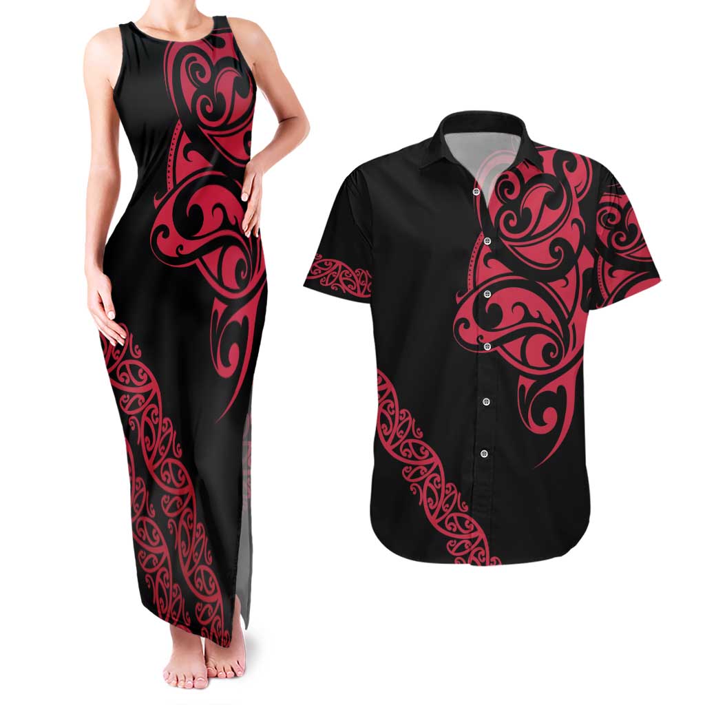 All Black Maori Tribal Tattoo Personalised Couples Matching Tank Maxi Dress and Hawaiian Shirt Classic Red Polynesian Style LT9 Red - Polynesian Pride