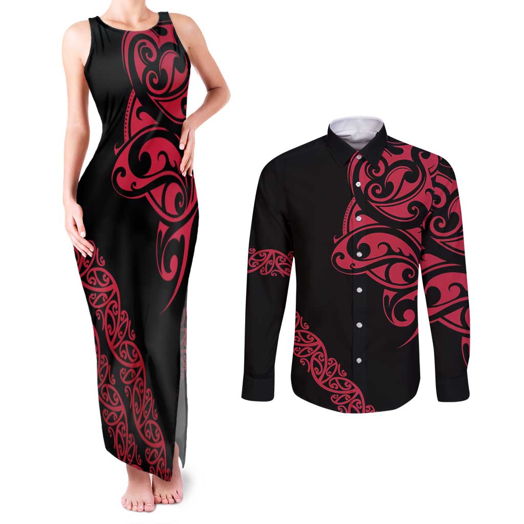 All Black Maori Tribal Tattoo Personalised Couples Matching Tank Maxi Dress and Long Sleeve Button Shirt Classic Red Polynesian Style LT9 Red - Polynesian Pride
