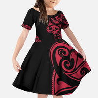All Black Maori Tribal Tattoo Personalised Family Matching Long Sleeve Bodycon Dress and Hawaiian Shirt Classic Red Polynesian Style LT9 Daughter's Dress Red - Polynesian Pride