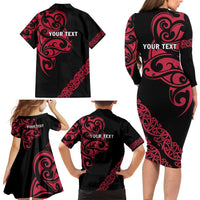 All Black Maori Tribal Tattoo Personalised Family Matching Long Sleeve Bodycon Dress and Hawaiian Shirt Classic Red Polynesian Style LT9 - Polynesian Pride