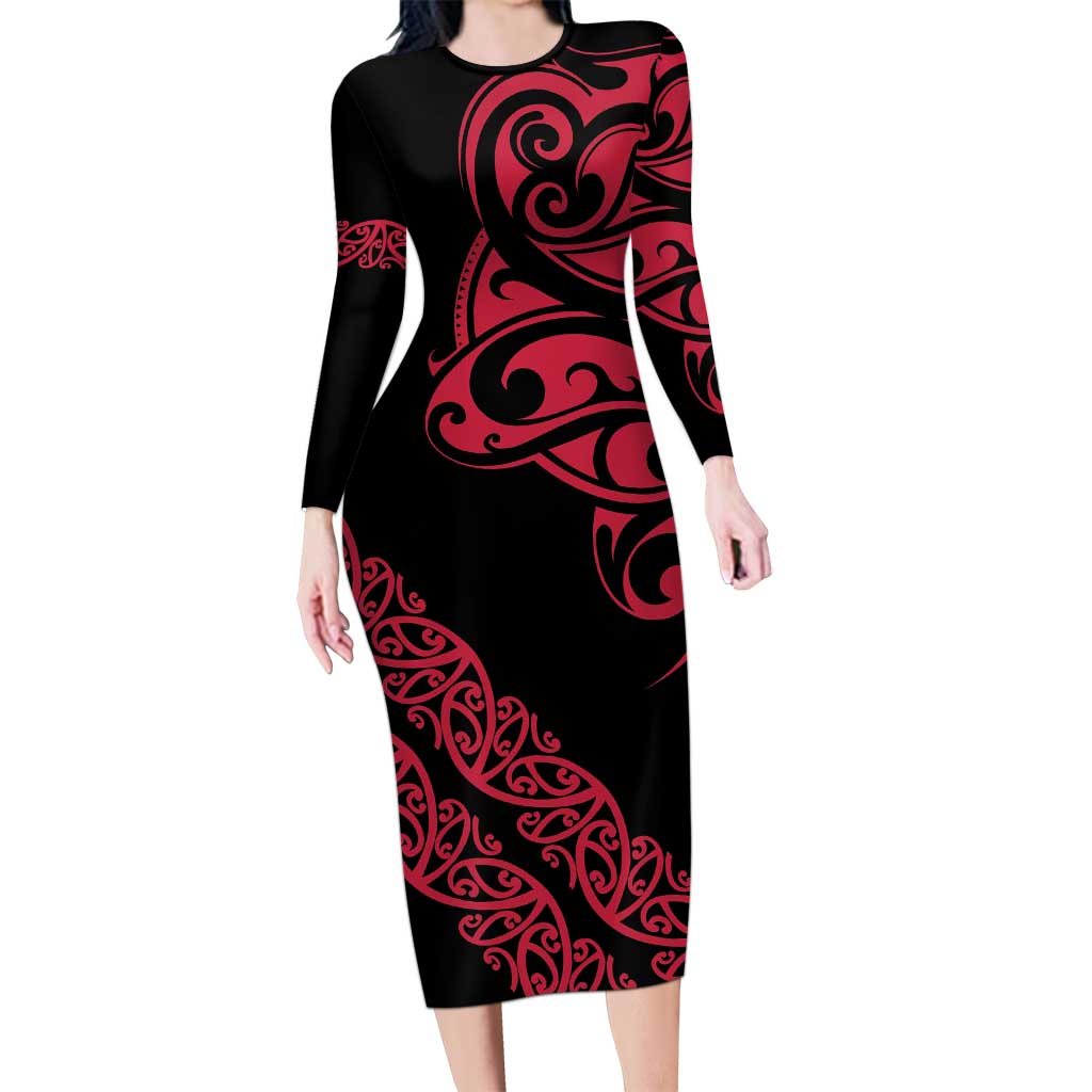 All Black Maori Tribal Tattoo Personalised Family Matching Long Sleeve Bodycon Dress and Hawaiian Shirt Classic Red Polynesian Style LT9 Mom's Dress Red - Polynesian Pride