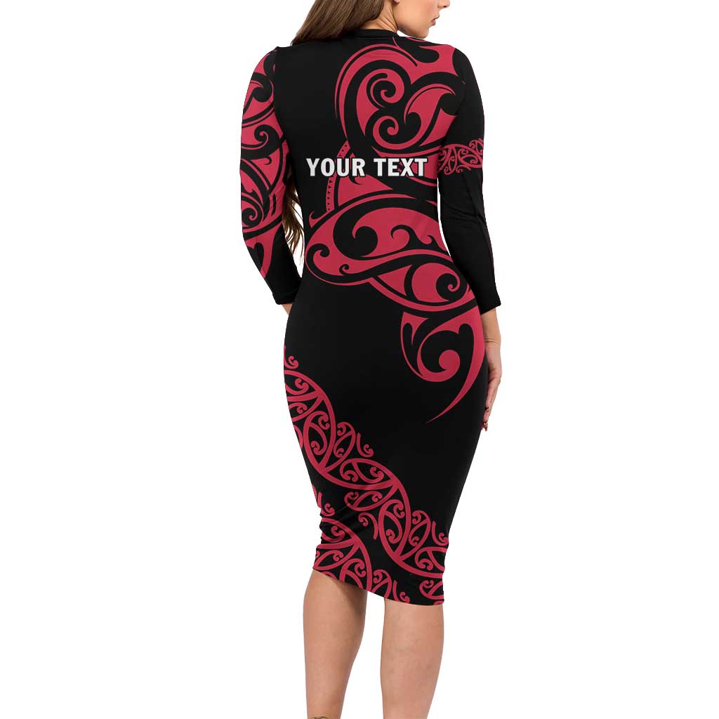 All Black Maori Tribal Tattoo Personalised Family Matching Long Sleeve Bodycon Dress and Hawaiian Shirt Classic Red Polynesian Style LT9 - Polynesian Pride
