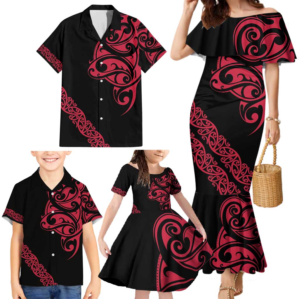 All Black Maori Tribal Tattoo Personalised Family Matching Mermaid Dress and Hawaiian Shirt Classic Red Polynesian Style LT9 - Polynesian Pride