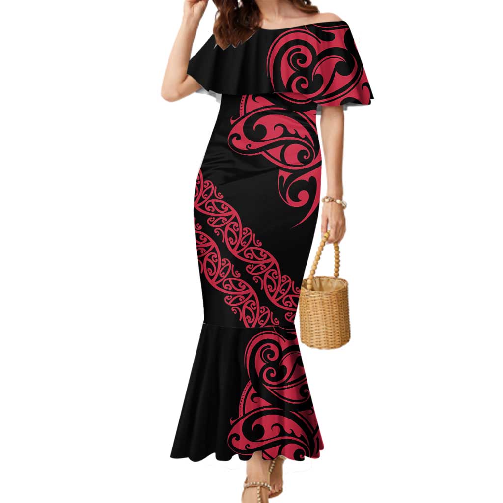 All Black Maori Tribal Tattoo Personalised Family Matching Mermaid Dress and Hawaiian Shirt Classic Red Polynesian Style LT9 Mom's Dress Red - Polynesian Pride