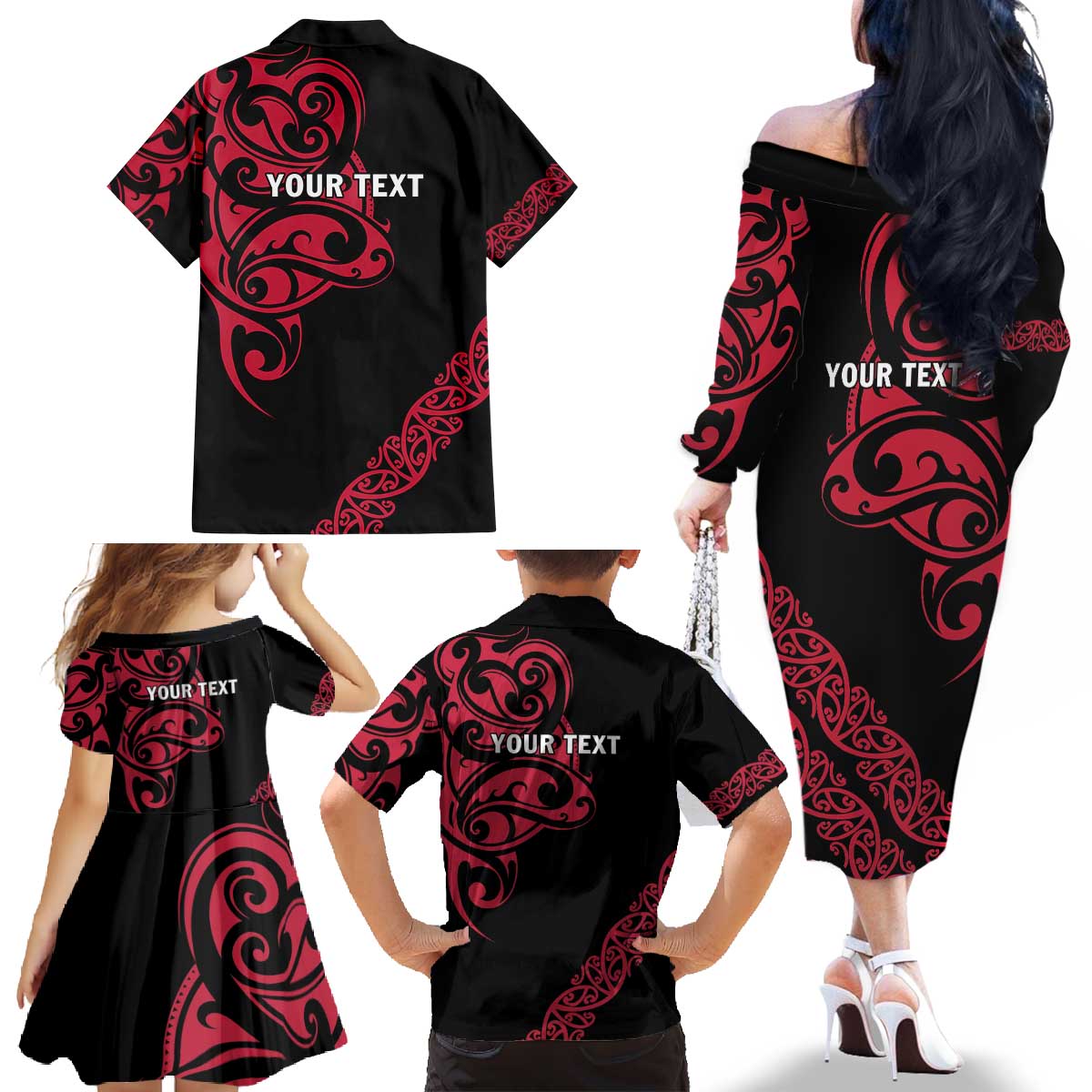 All Black Maori Tribal Tattoo Personalised Family Matching Off The Shoulder Long Sleeve Dress and Hawaiian Shirt Classic Red Polynesian Style LT9 - Polynesian Pride