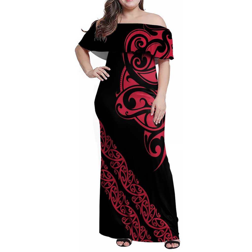 All Black Maori Tribal Tattoo Personalised Family Matching Off Shoulder Maxi Dress and Hawaiian Shirt Classic Red Polynesian Style LT9 Mom's Dress Red - Polynesian Pride